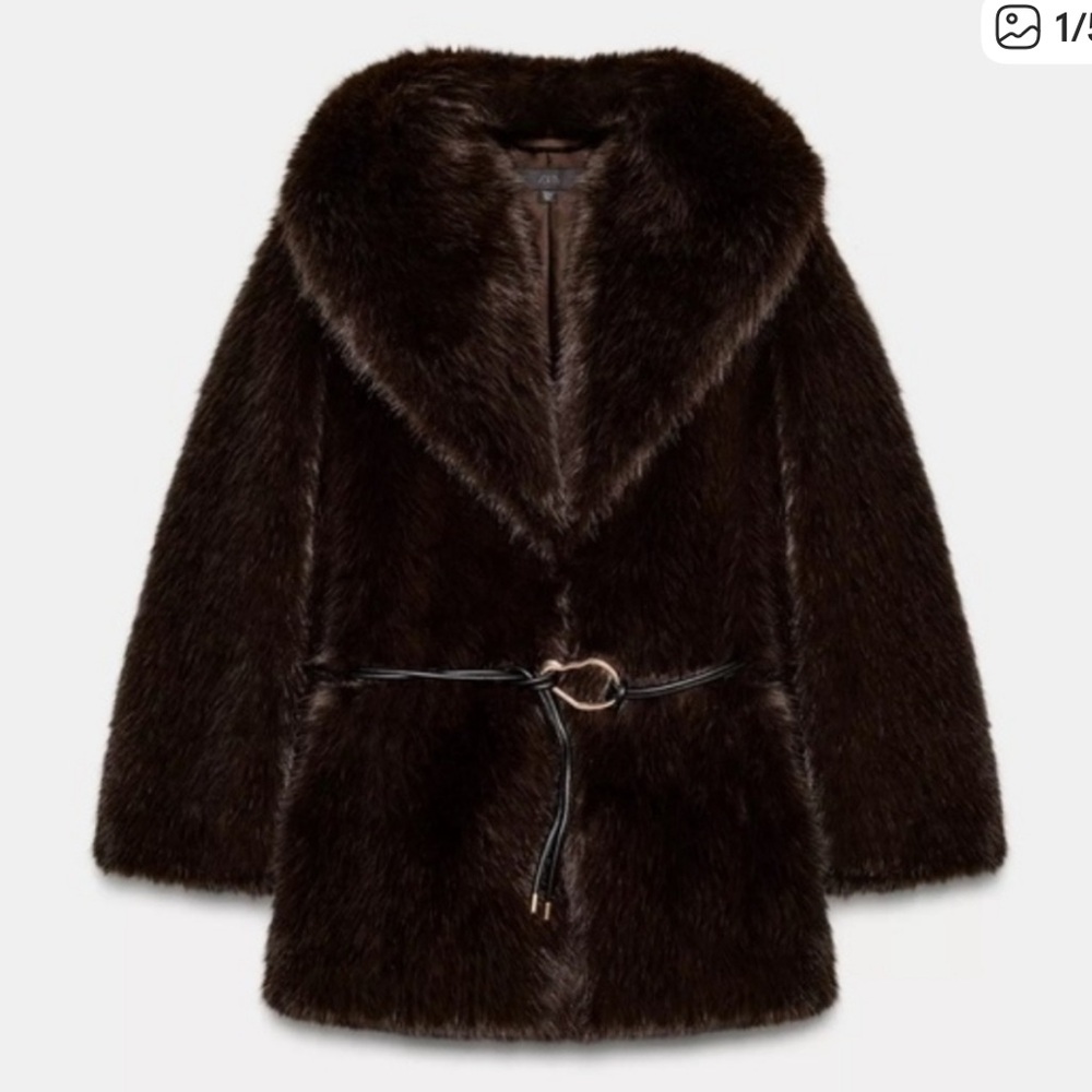 Zara Women's faux fur coat with Belt - Dark Brown